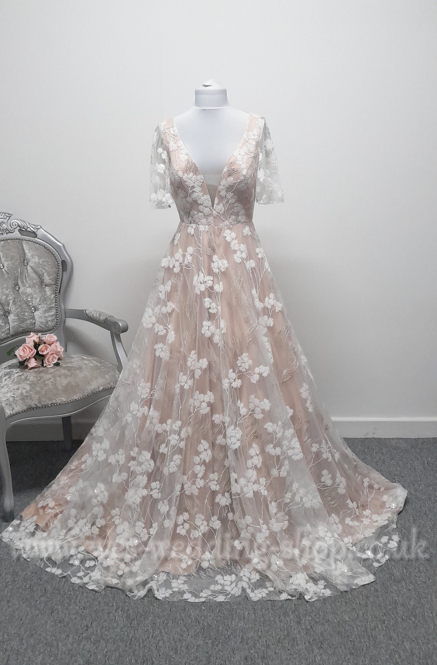 Charlotte Bridal ivory mocha glitter floral wedding dress with sleeves UK 10