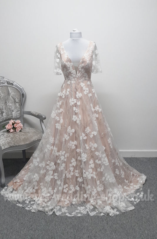 Charlotte Bridal ivory mocha glitter floral wedding dress with sleeves UK 10