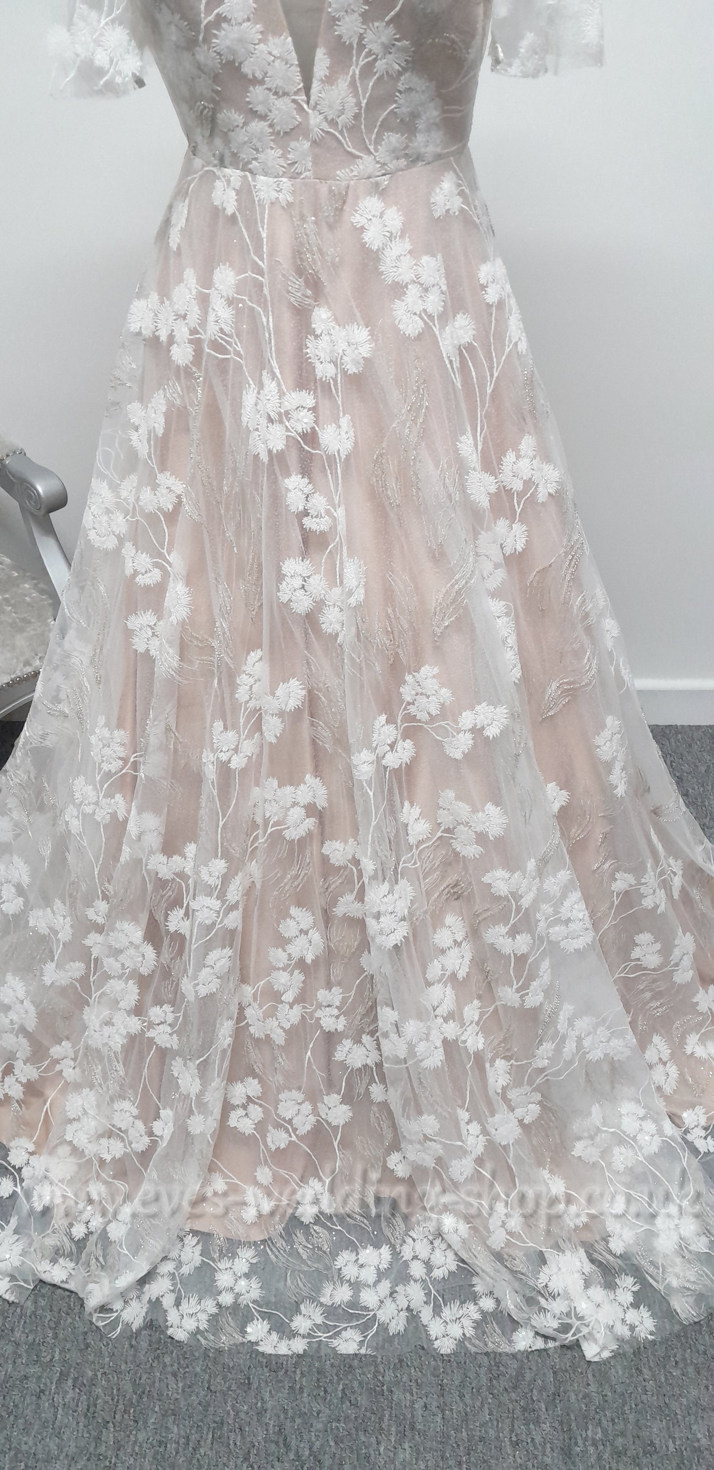 Charlotte Bridal ivory mocha glitter floral wedding dress with sleeves UK 10