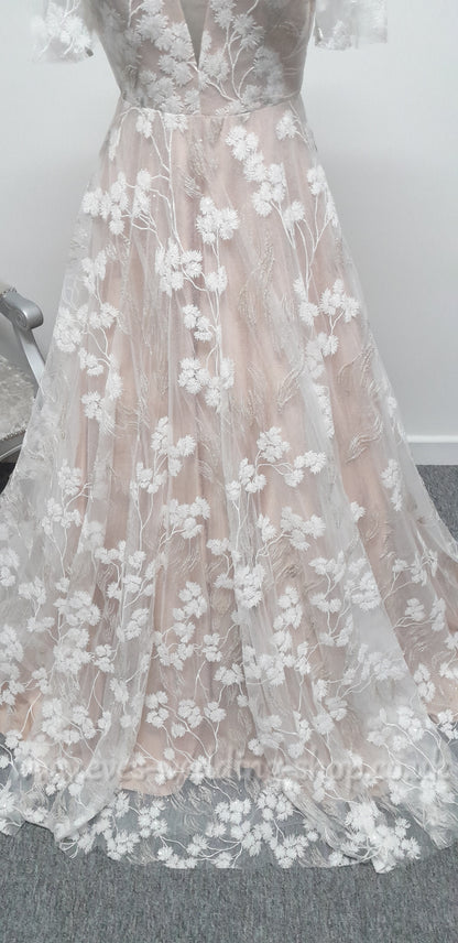 Charlotte Bridal ivory mocha glitter floral wedding dress with sleeves UK 10