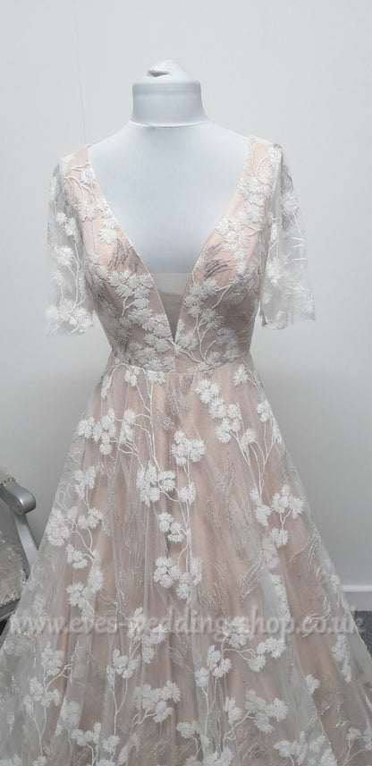 Charlotte Bridal ivory mocha glitter floral wedding dress with sleeves UK 10