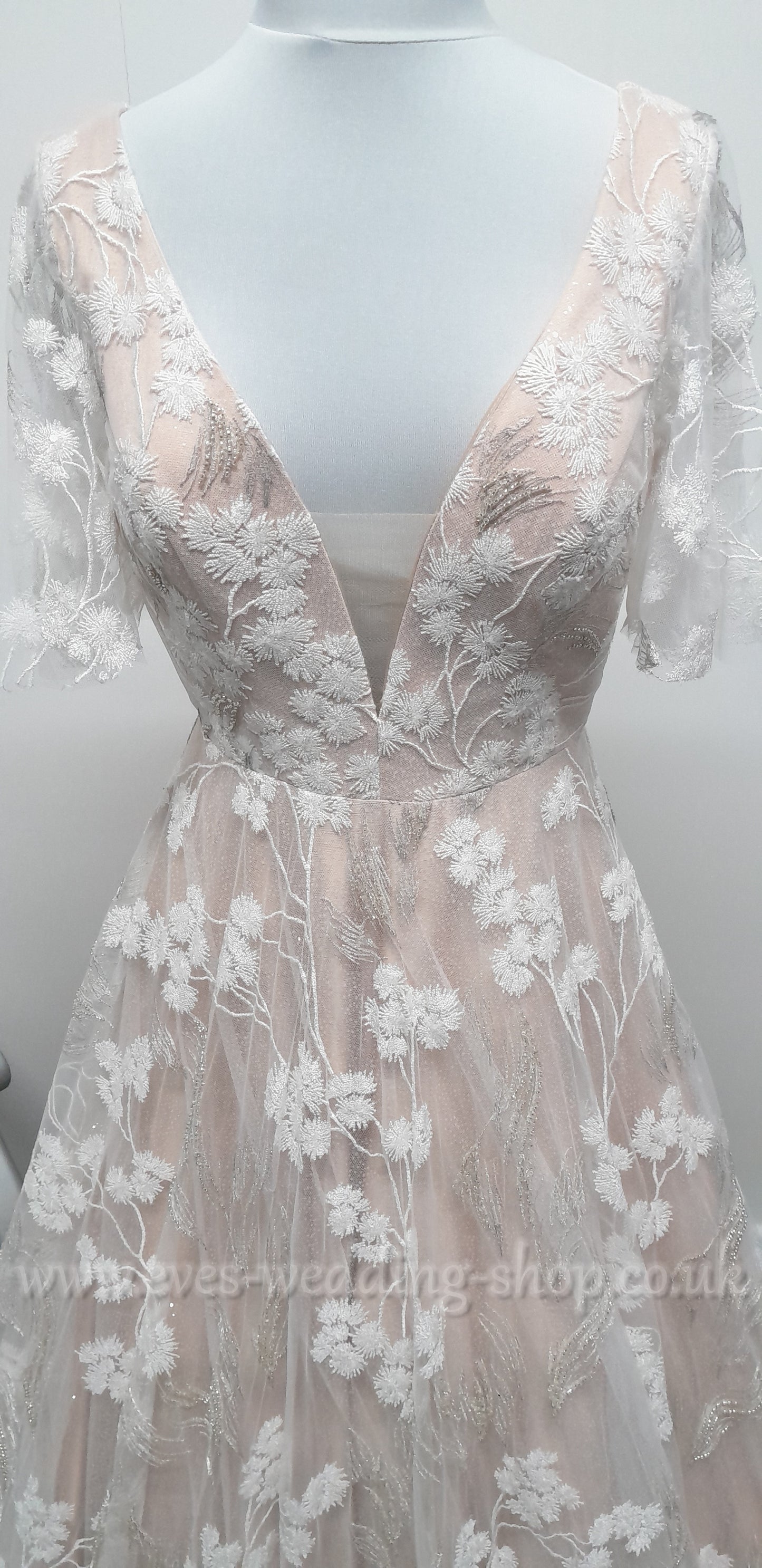 Charlotte Bridal ivory mocha glitter floral wedding dress with sleeves UK 10