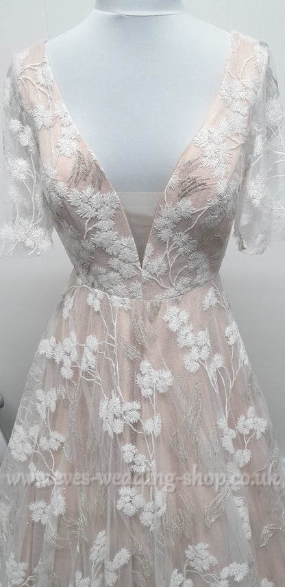 Charlotte Bridal ivory mocha glitter floral wedding dress with sleeves UK 10
