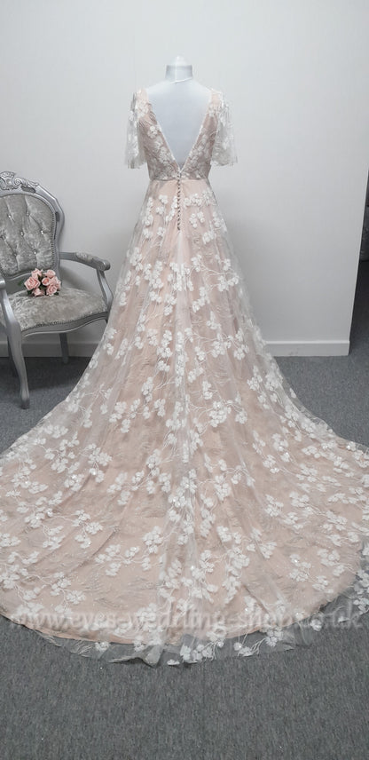 Charlotte Bridal ivory mocha glitter floral wedding dress with sleeves UK 10