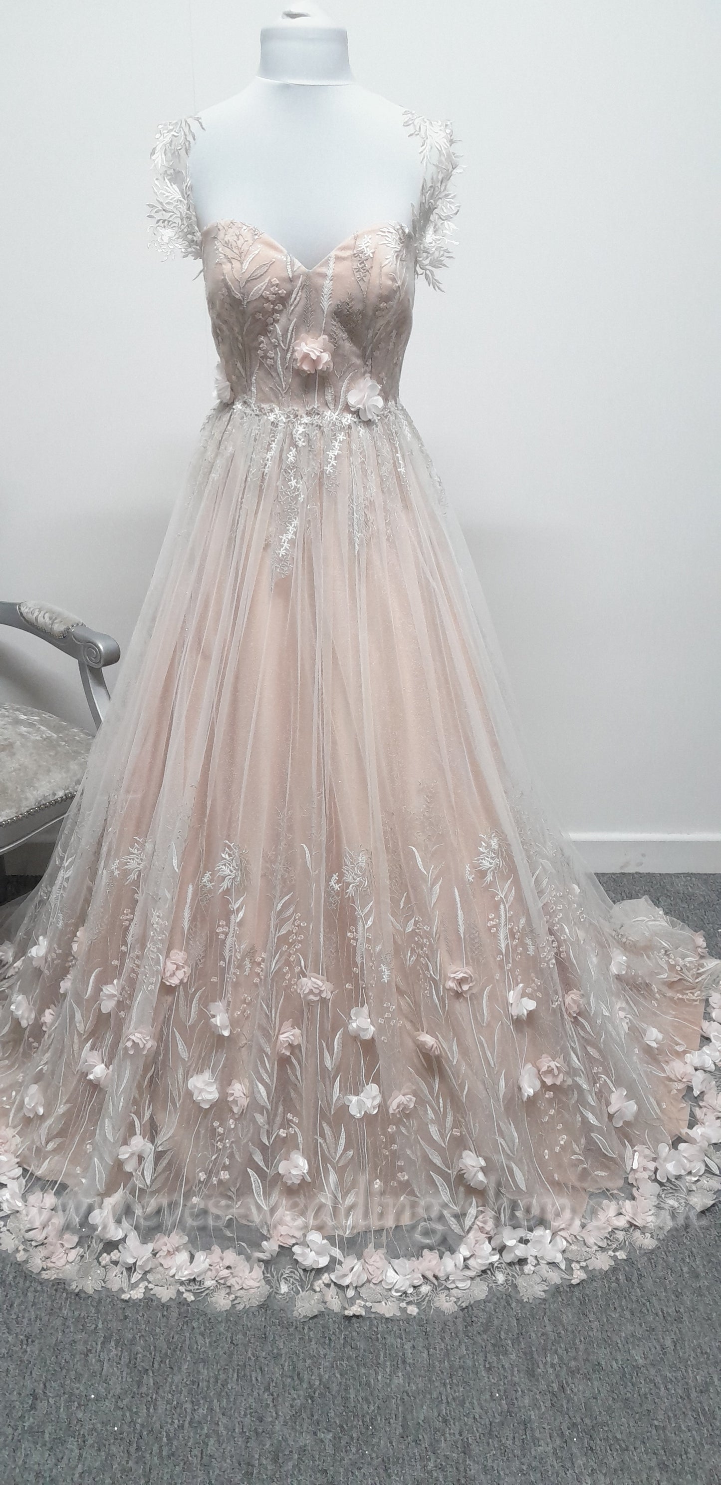 Charlotte Bridal off shoulder ivory mocha glitter 3D flowers wedding dress UK 8