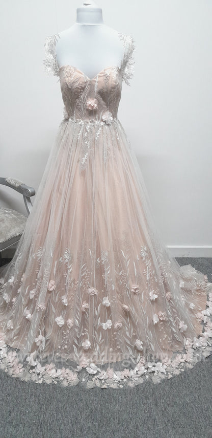 Charlotte Bridal off shoulder ivory mocha glitter 3D flowers wedding dress UK 8