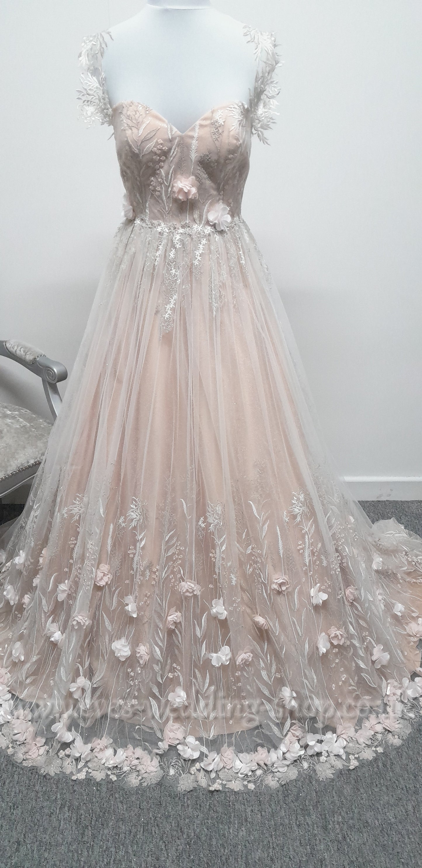 Charlotte Bridal off shoulder ivory mocha glitter 3D flowers wedding dress UK 8