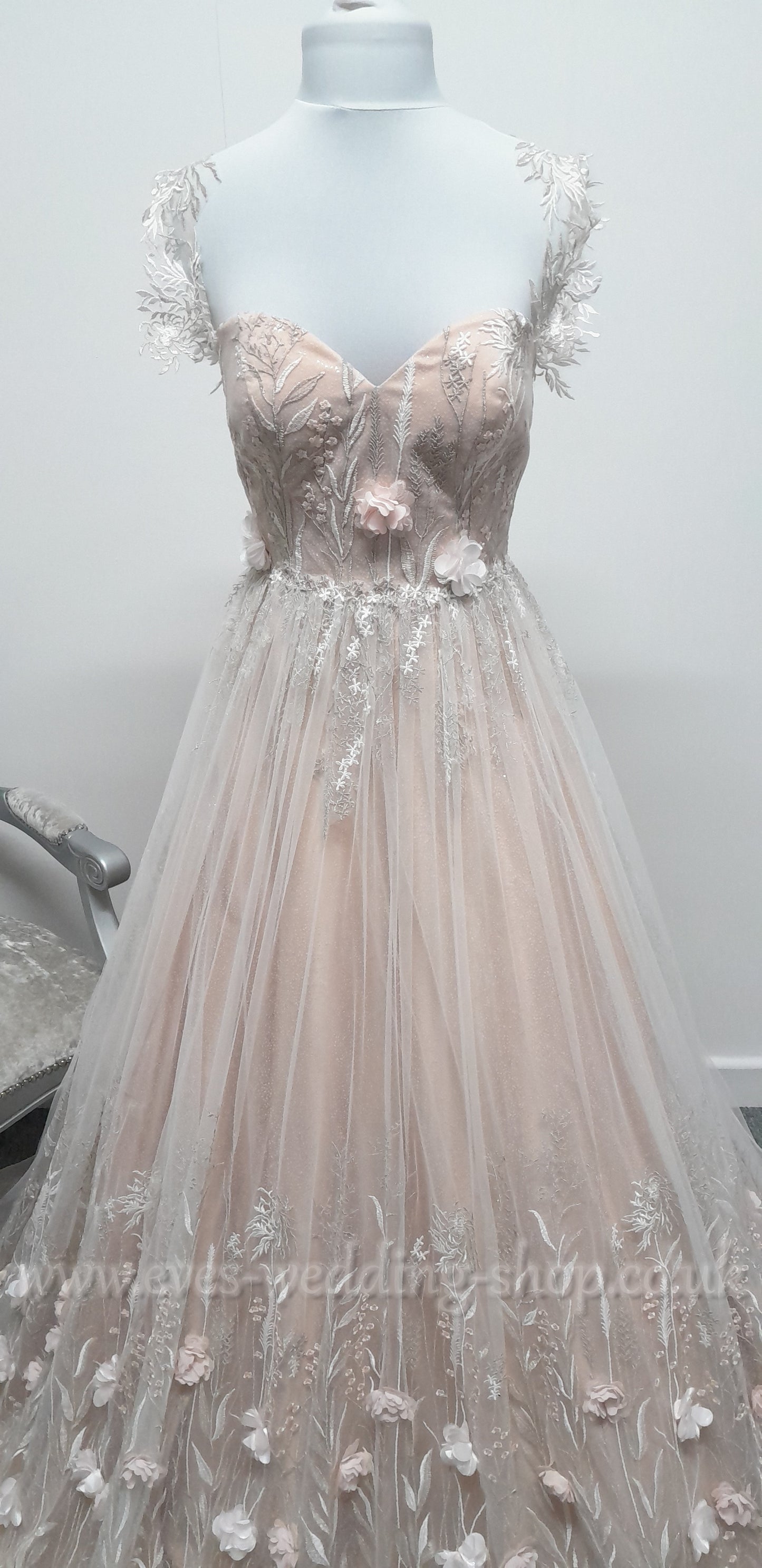 Charlotte Bridal off shoulder ivory mocha glitter 3D flowers wedding dress UK 8