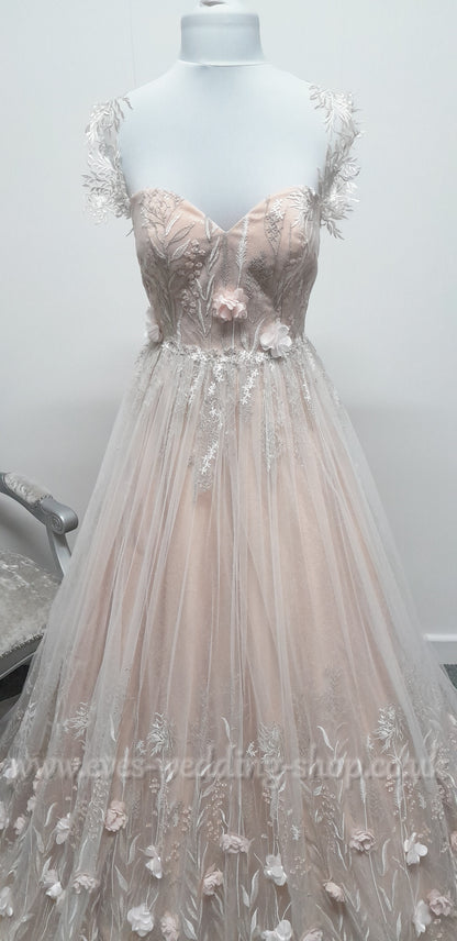 Charlotte Bridal off shoulder ivory mocha glitter 3D flowers wedding dress UK 8