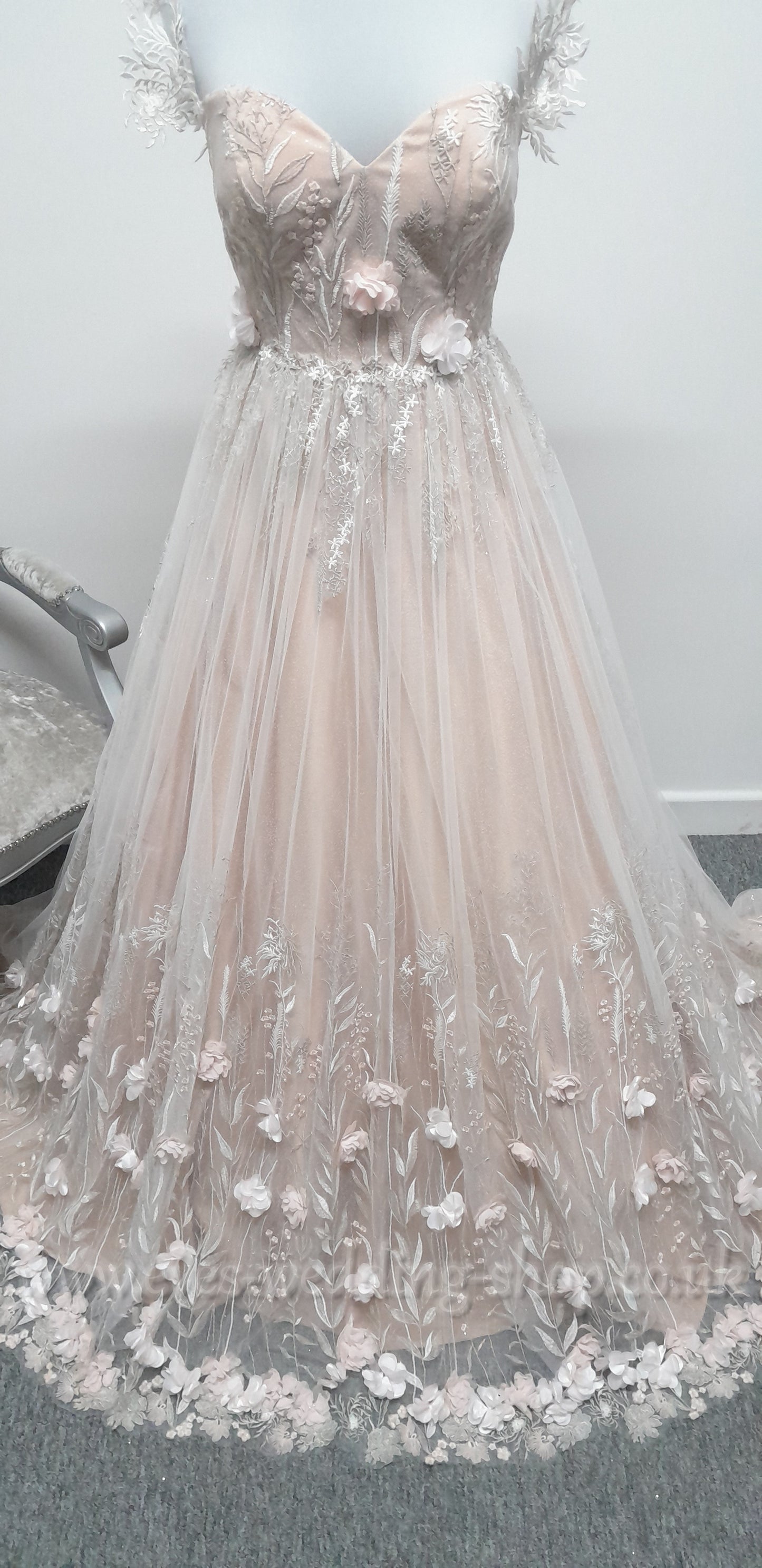 Charlotte Bridal off shoulder ivory mocha glitter 3D flowers wedding dress UK 8