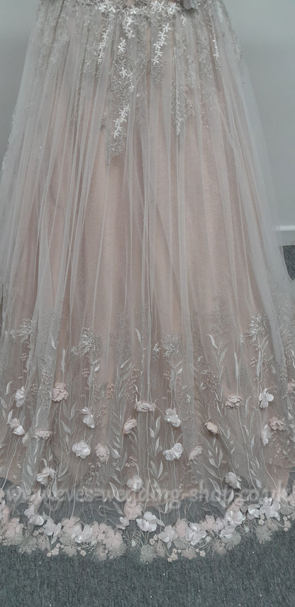 Charlotte Bridal off shoulder ivory mocha glitter 3D flowers wedding dress UK 8