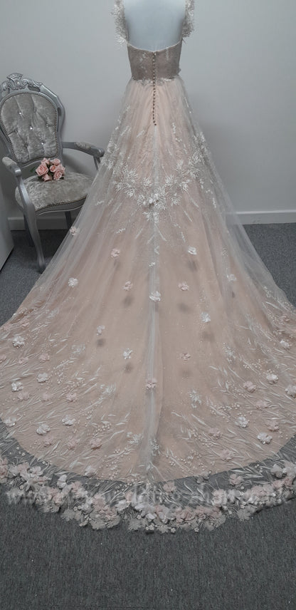Charlotte Bridal off shoulder ivory mocha glitter 3D flowers wedding dress UK 8