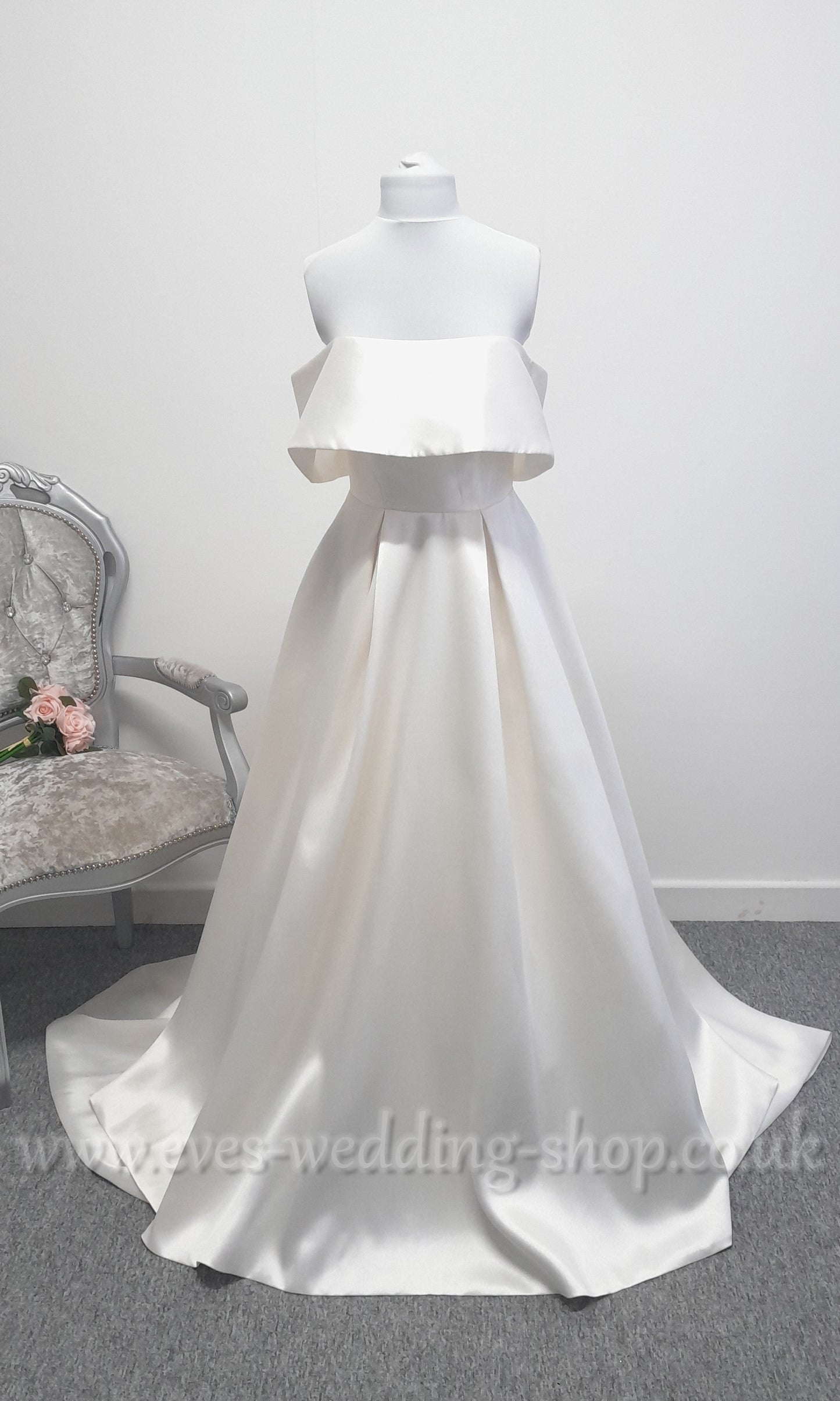 LJ mikado satin bardot wedding dress with pockets UK 10
