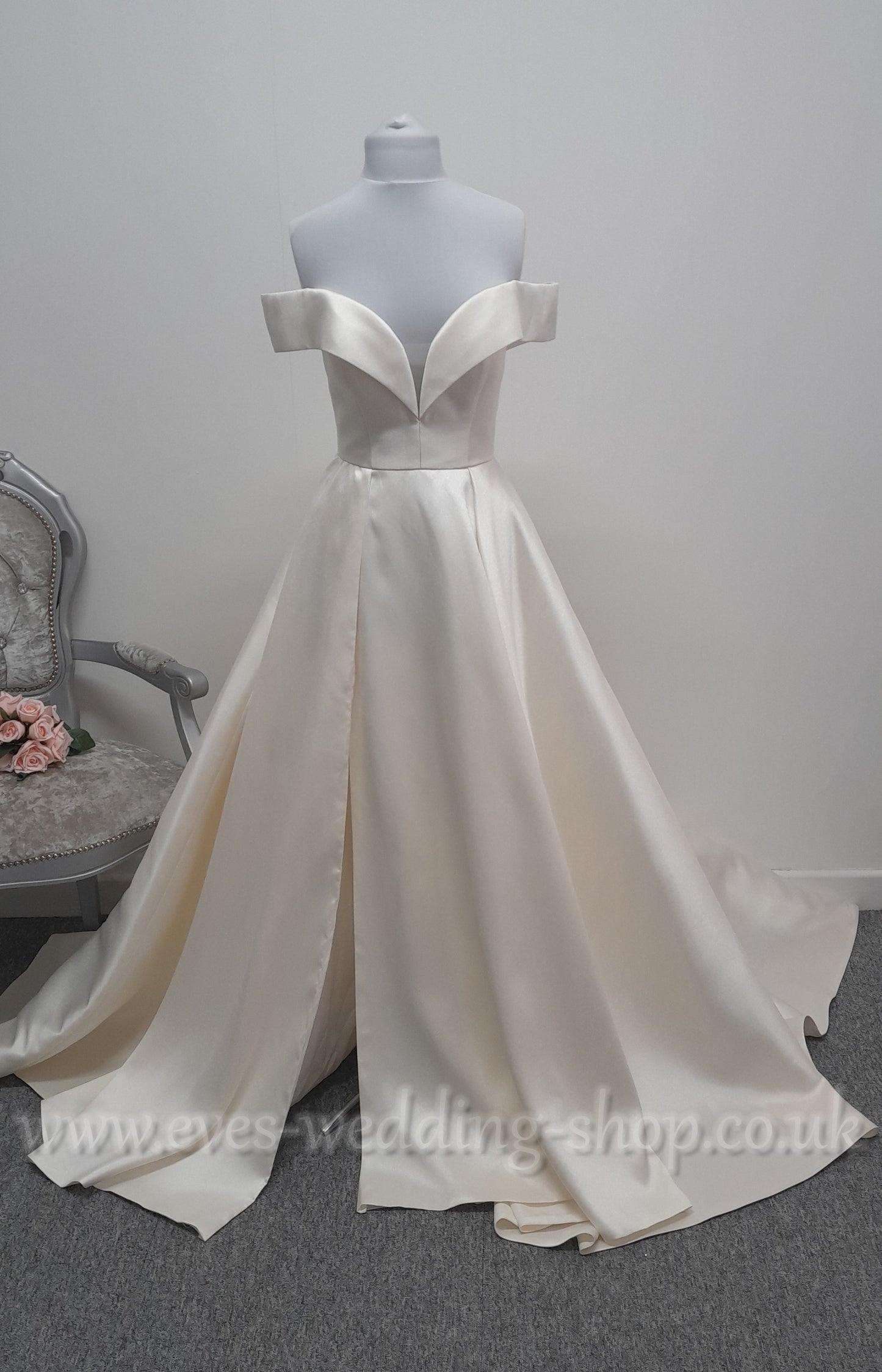 Georgia bridal off shoulder warm ivory wedding dress with front slit UK 10