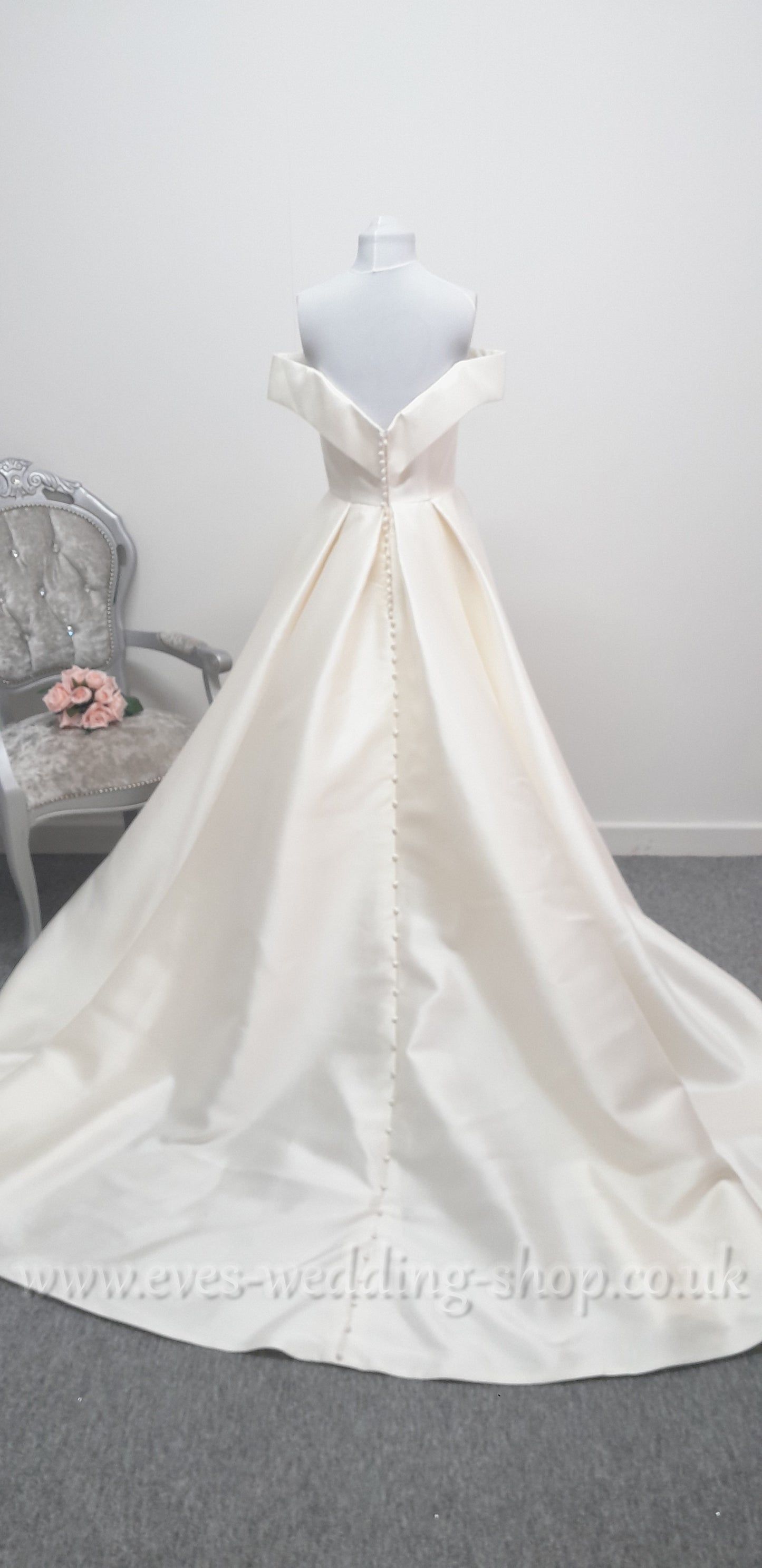 Georgia bridal off shoulder warm ivory wedding dress with front slit UK 10