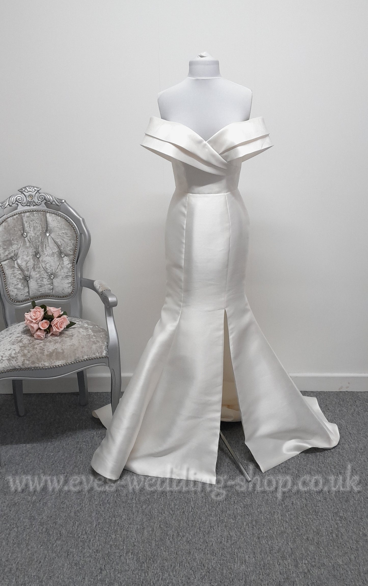 LJ mikado satin off shoulder wedding dress UK 10