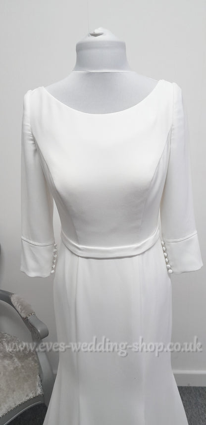Georgia bridal crepe ivory wedding dress with 3/4 sleeves UK 10
