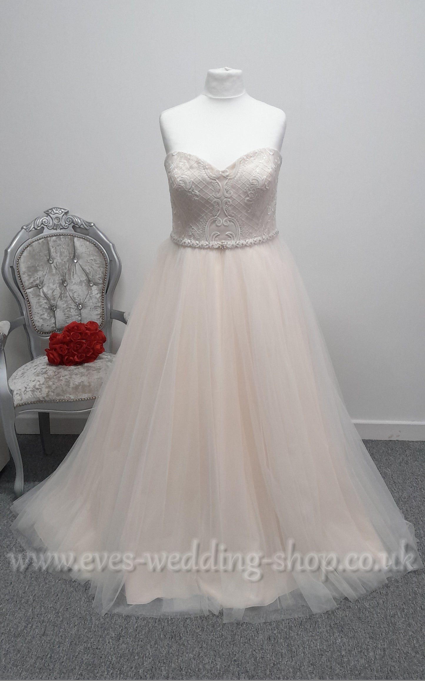 White Rose ivory rum pink tulle wedding dress UK 24