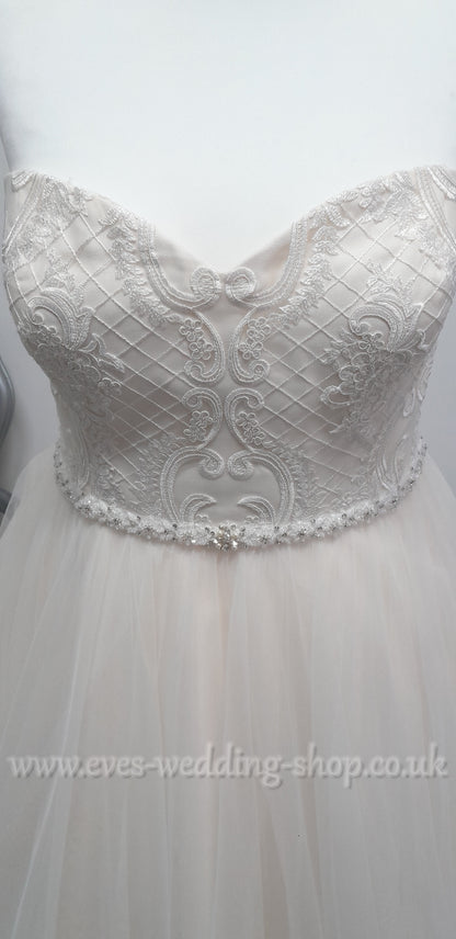 White Rose ivory rum pink tulle wedding dress UK 24