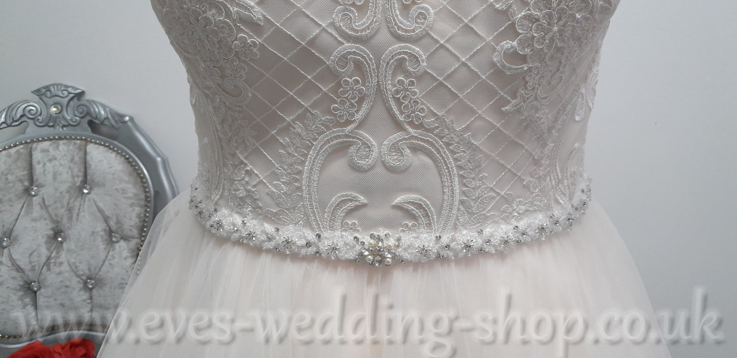White Rose ivory rum pink tulle wedding dress UK 24