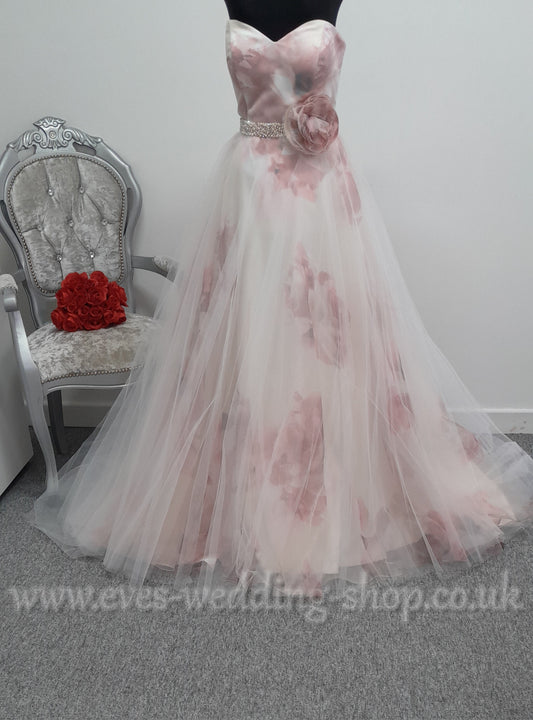 Veromia ivory/pink floral wedding dress UK 12