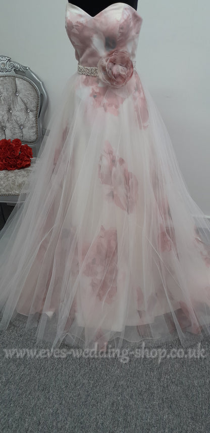 Veromia ivory/pink floral wedding dress UK 12