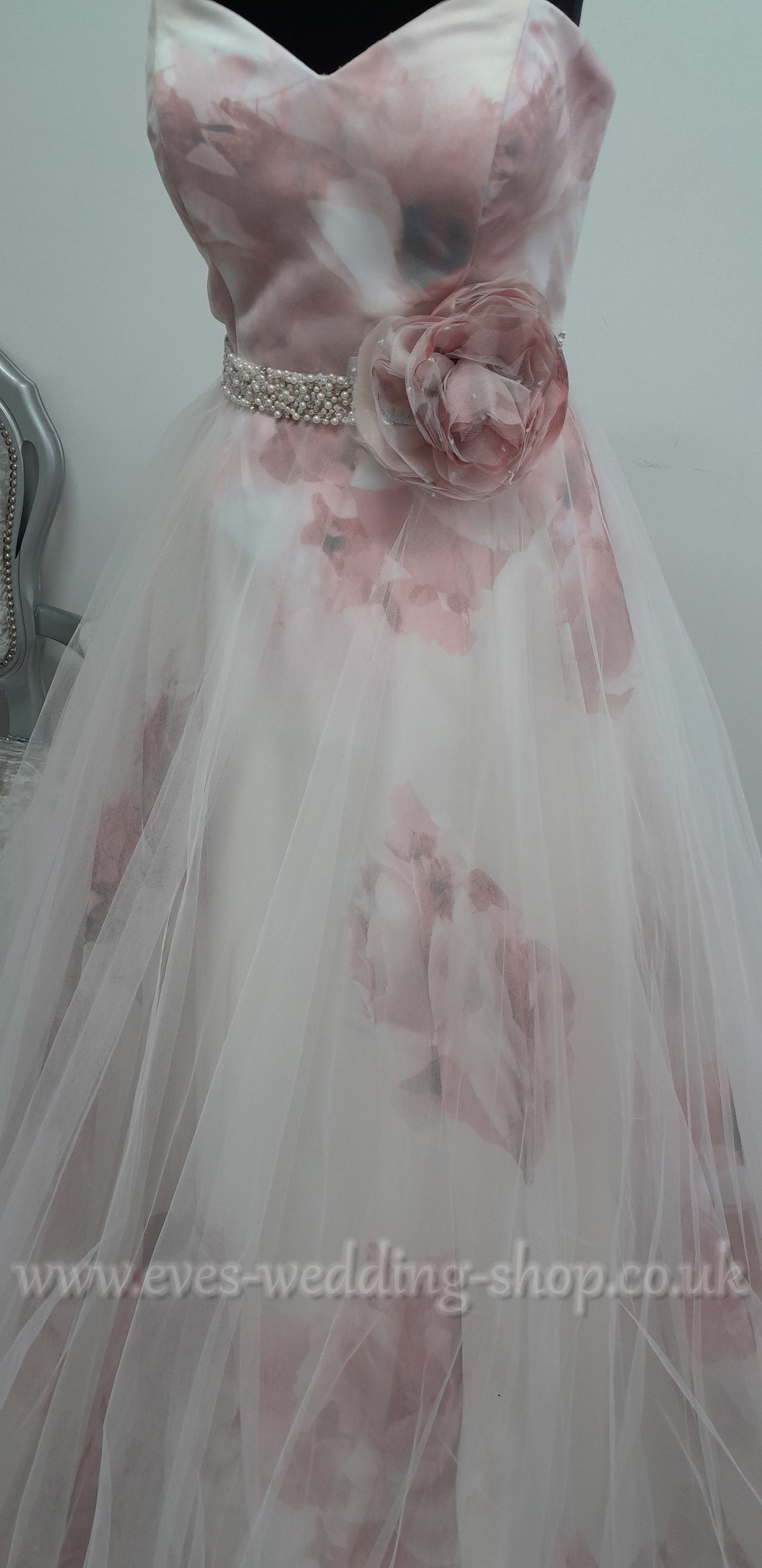 Veromia ivory/pink floral wedding dress UK 12