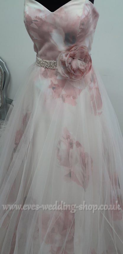 Veromia ivory/pink floral wedding dress UK 12