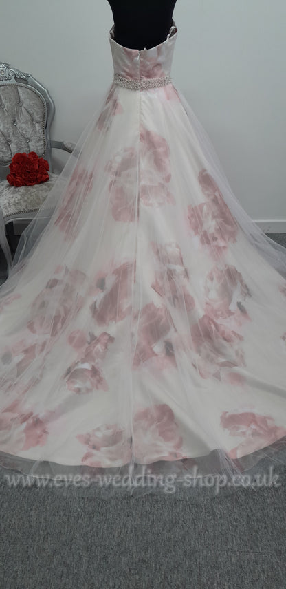 Veromia ivory/pink floral wedding dress UK 12