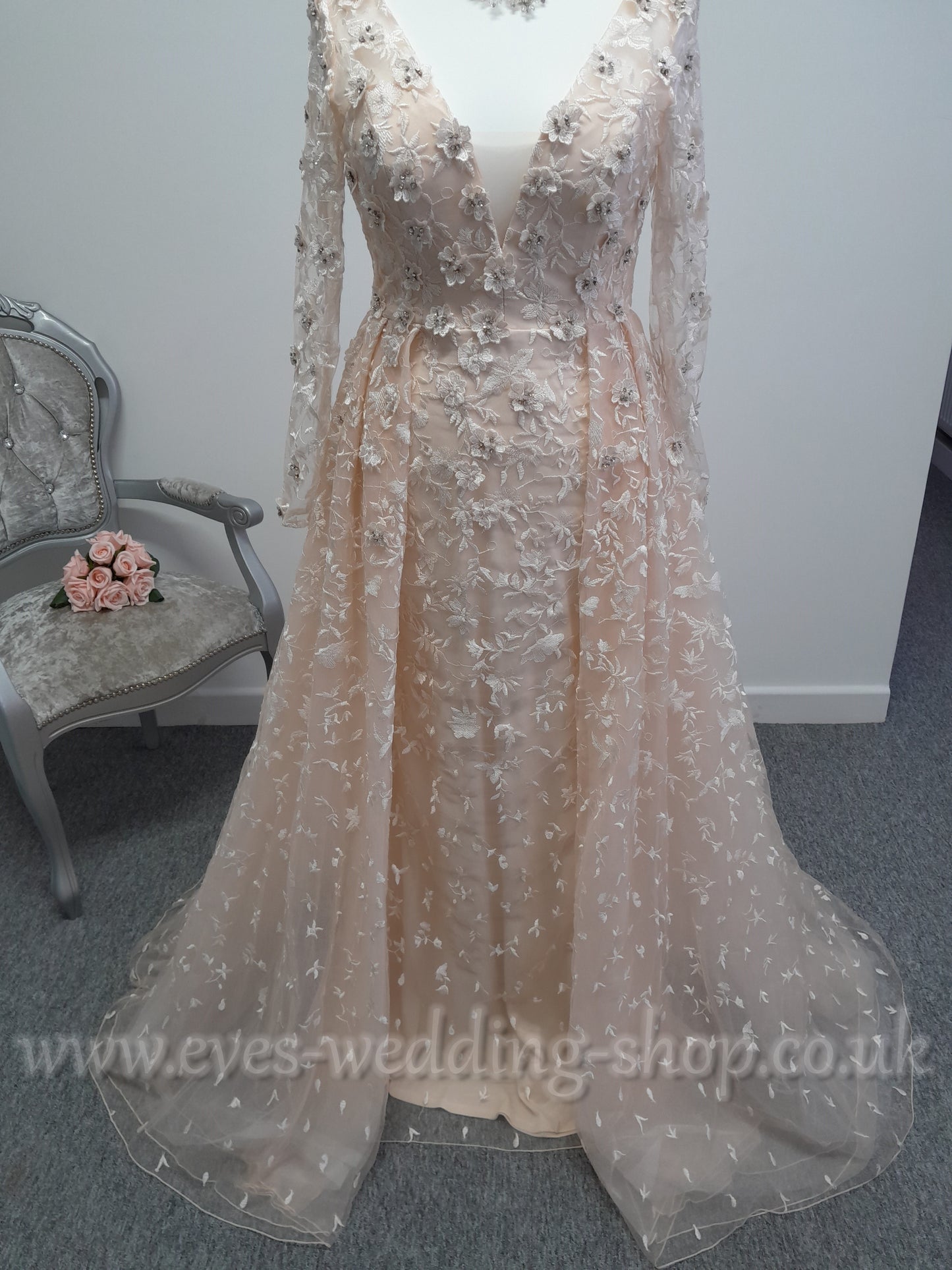 White one ''Olias'' pink wedding dress with sleeves UK 14