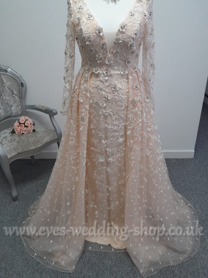 White one ''Olias'' pink wedding dress with sleeves UK 14