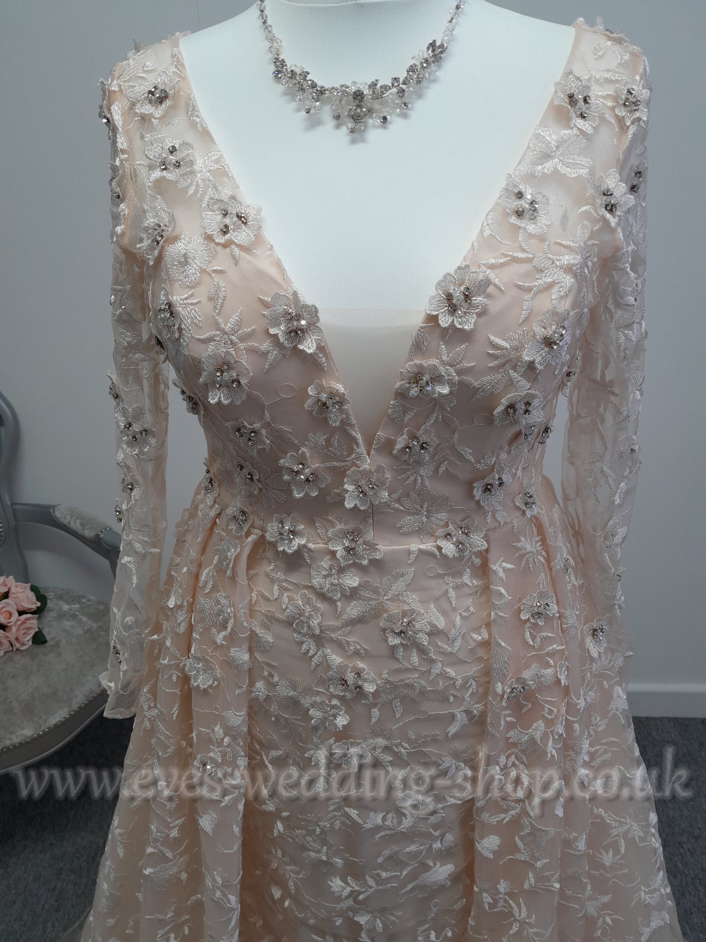 White one ''Olias'' pink wedding dress with sleeves UK 14