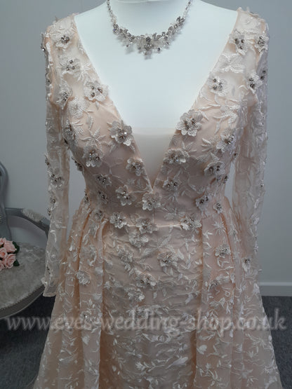 White one ''Olias'' pink wedding dress with sleeves UK 14