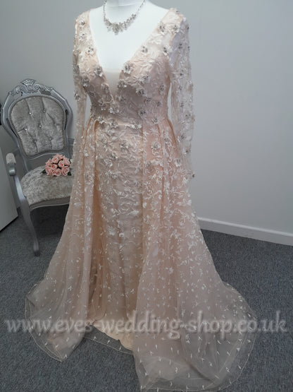 White one ''Olias'' pink wedding dress with sleeves UK 14