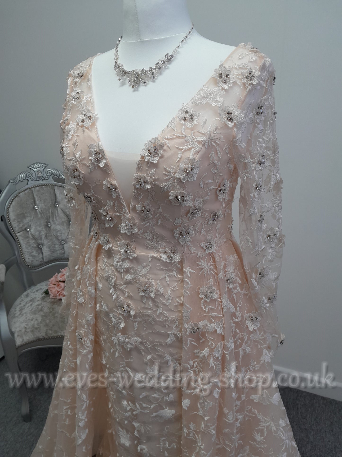 White one ''Olias'' pink wedding dress with sleeves UK 14