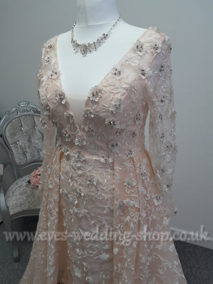 White one ''Olias'' pink wedding dress with sleeves UK 14