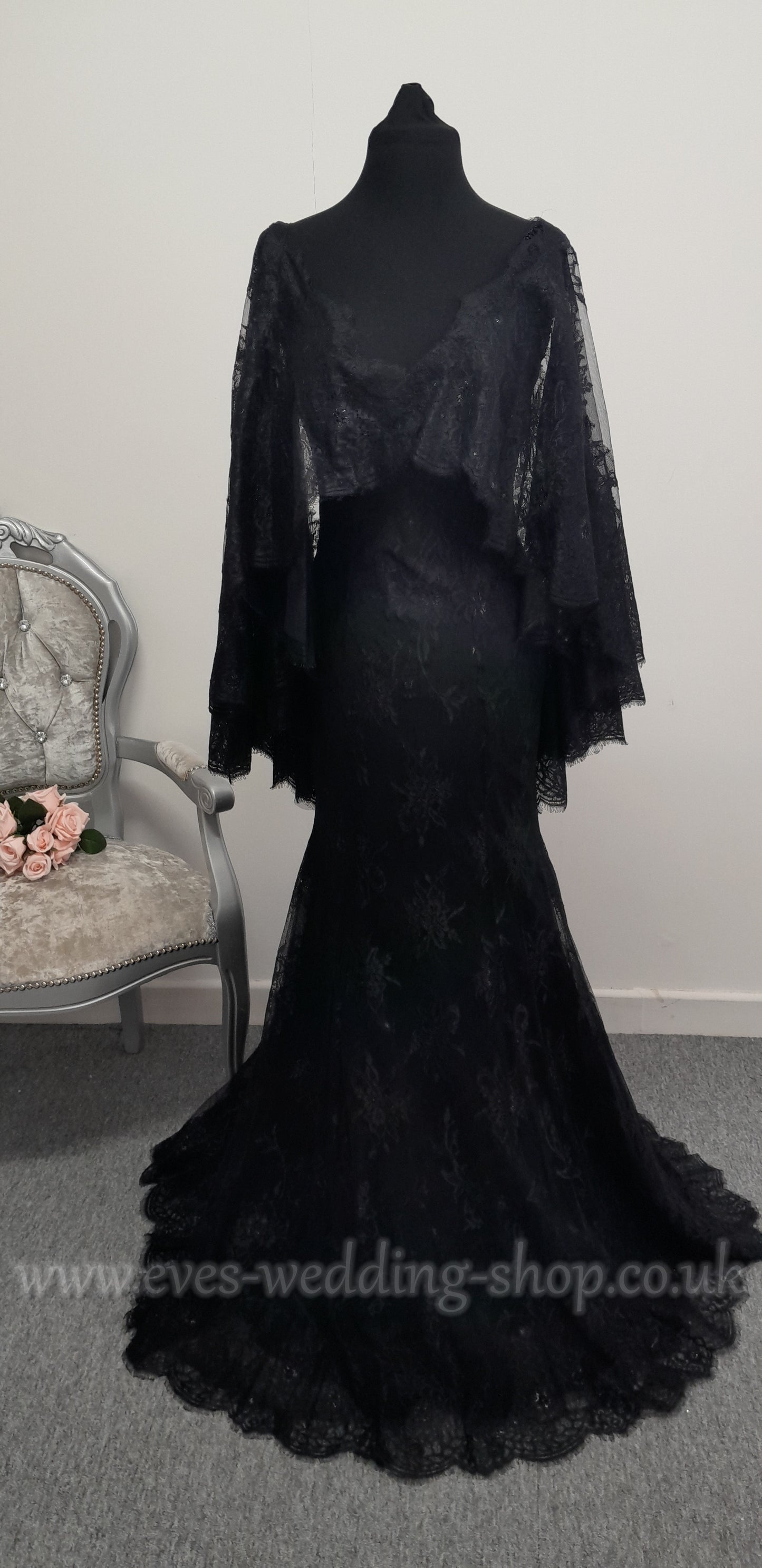 Ronald Joyce black wedding dress with detachable cape approx UK 8