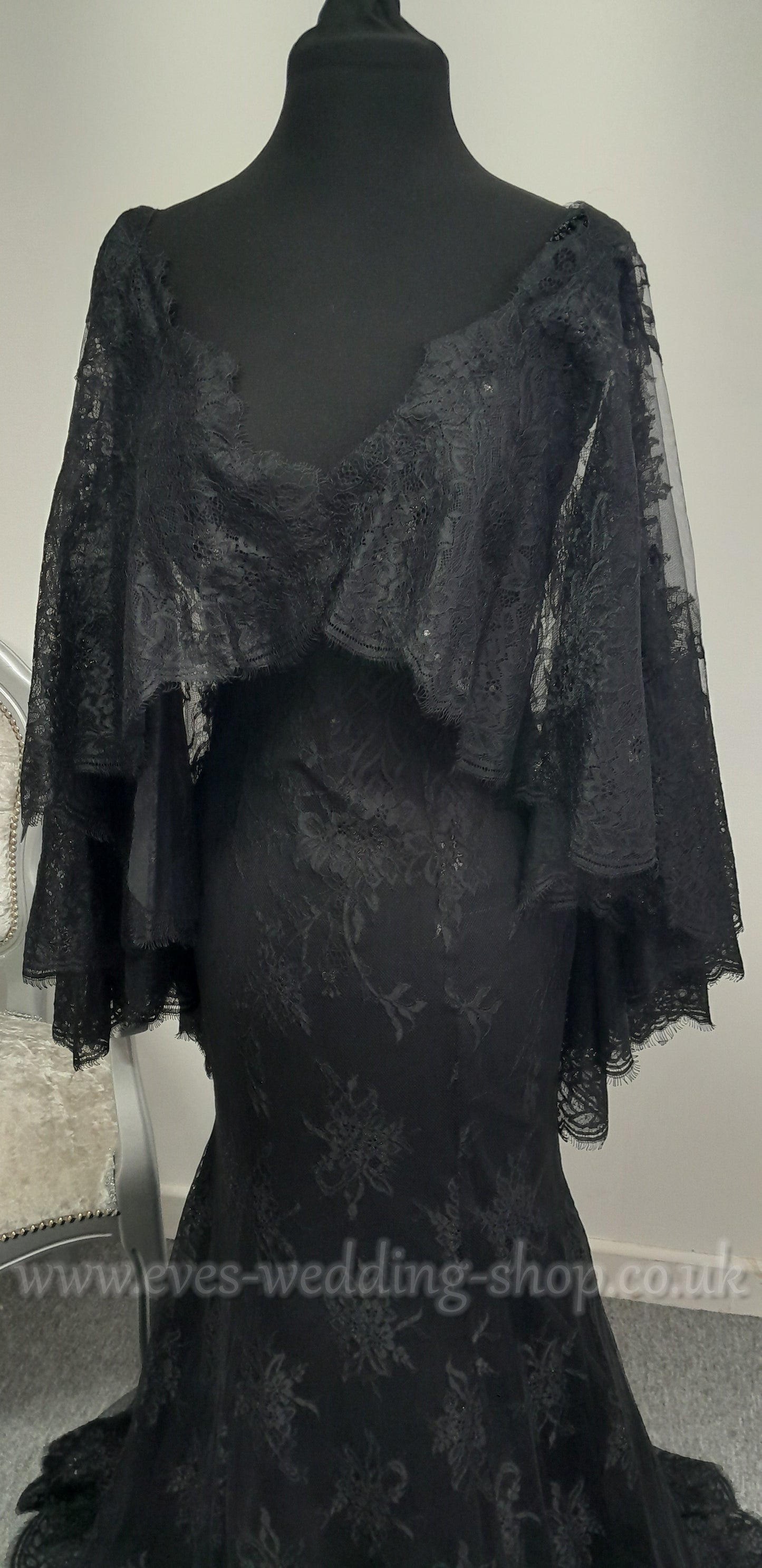 Ronald Joyce black wedding dress with detachable cape approx UK 8