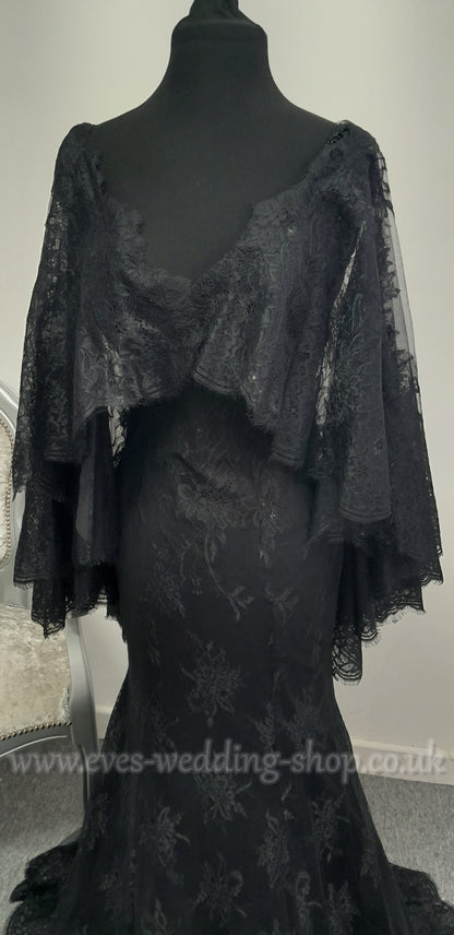 Ronald Joyce black wedding dress with detachable cape approx UK 8