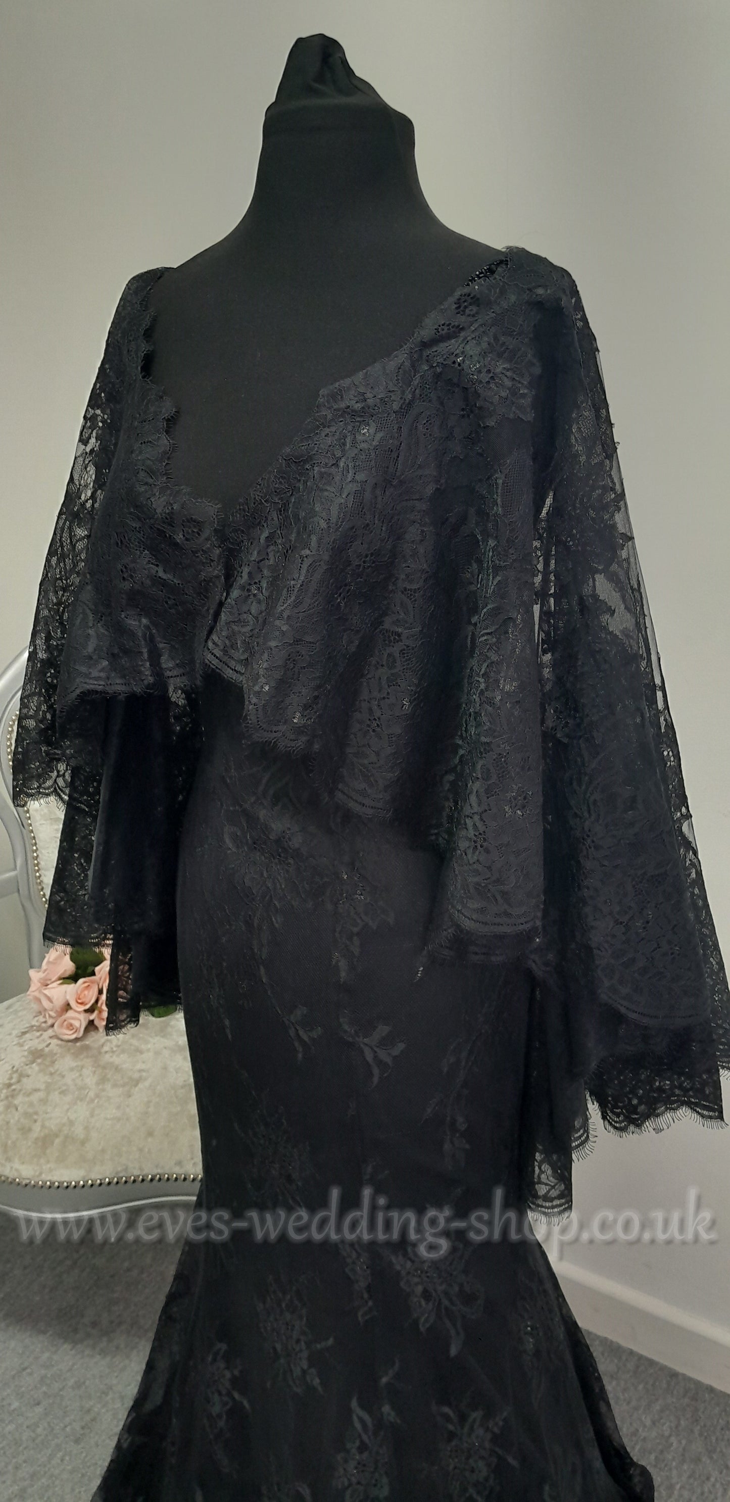 Ronald Joyce black wedding dress with detachable cape approx UK 8