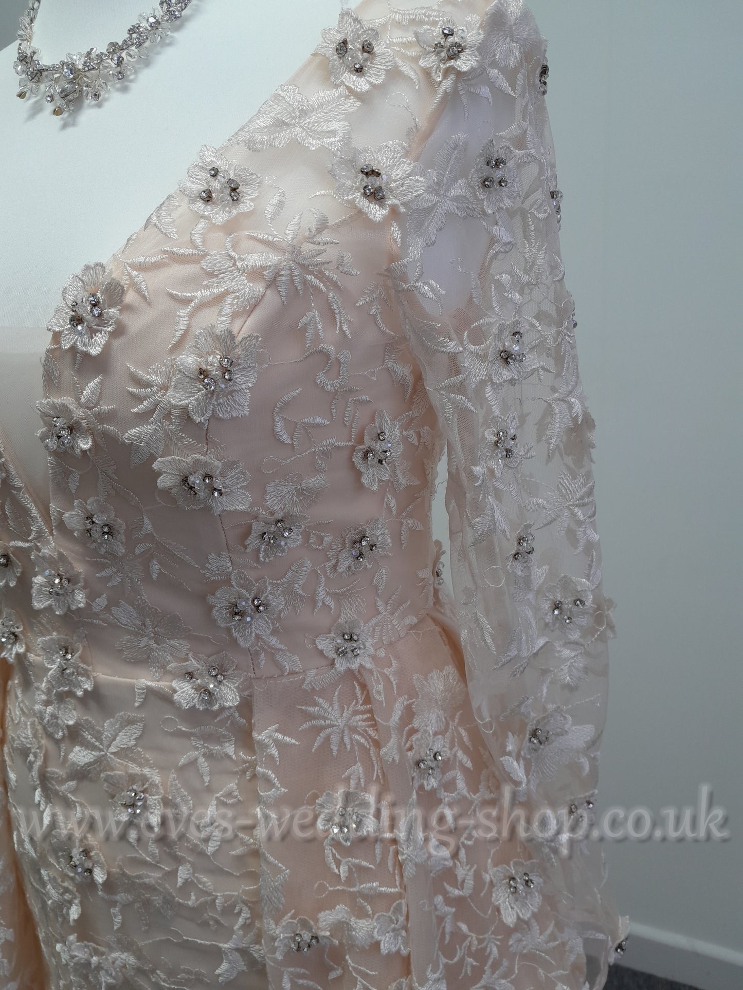 White one ''Olias'' pink wedding dress with sleeves UK 14