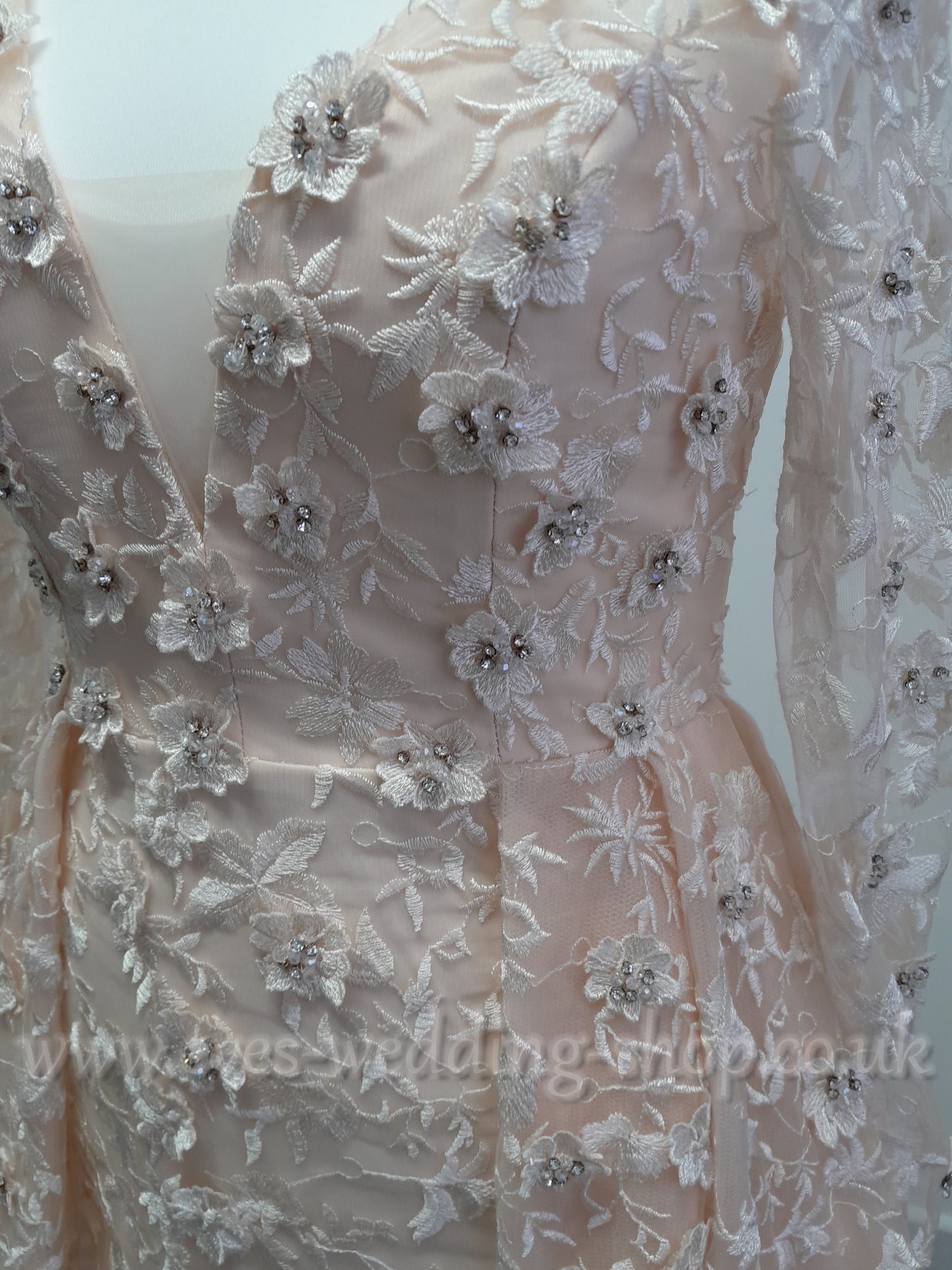 White one ''Olias'' pink wedding dress with sleeves UK 14
