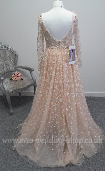 White one ''Olias'' pink wedding dress with sleeves UK 14