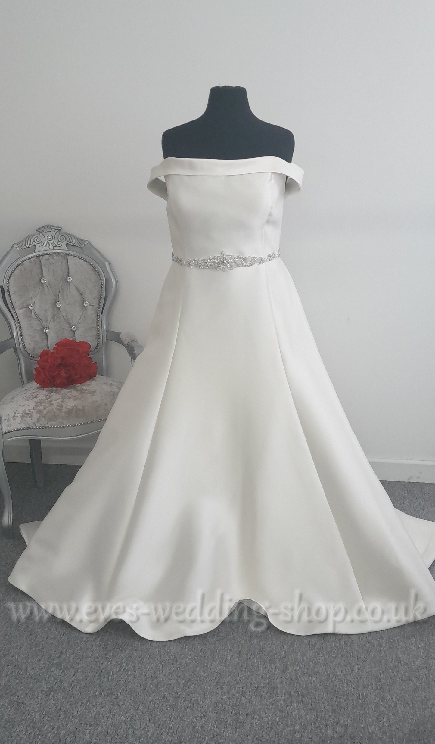 Mikado satin off the shoulder wedding dress UK 26