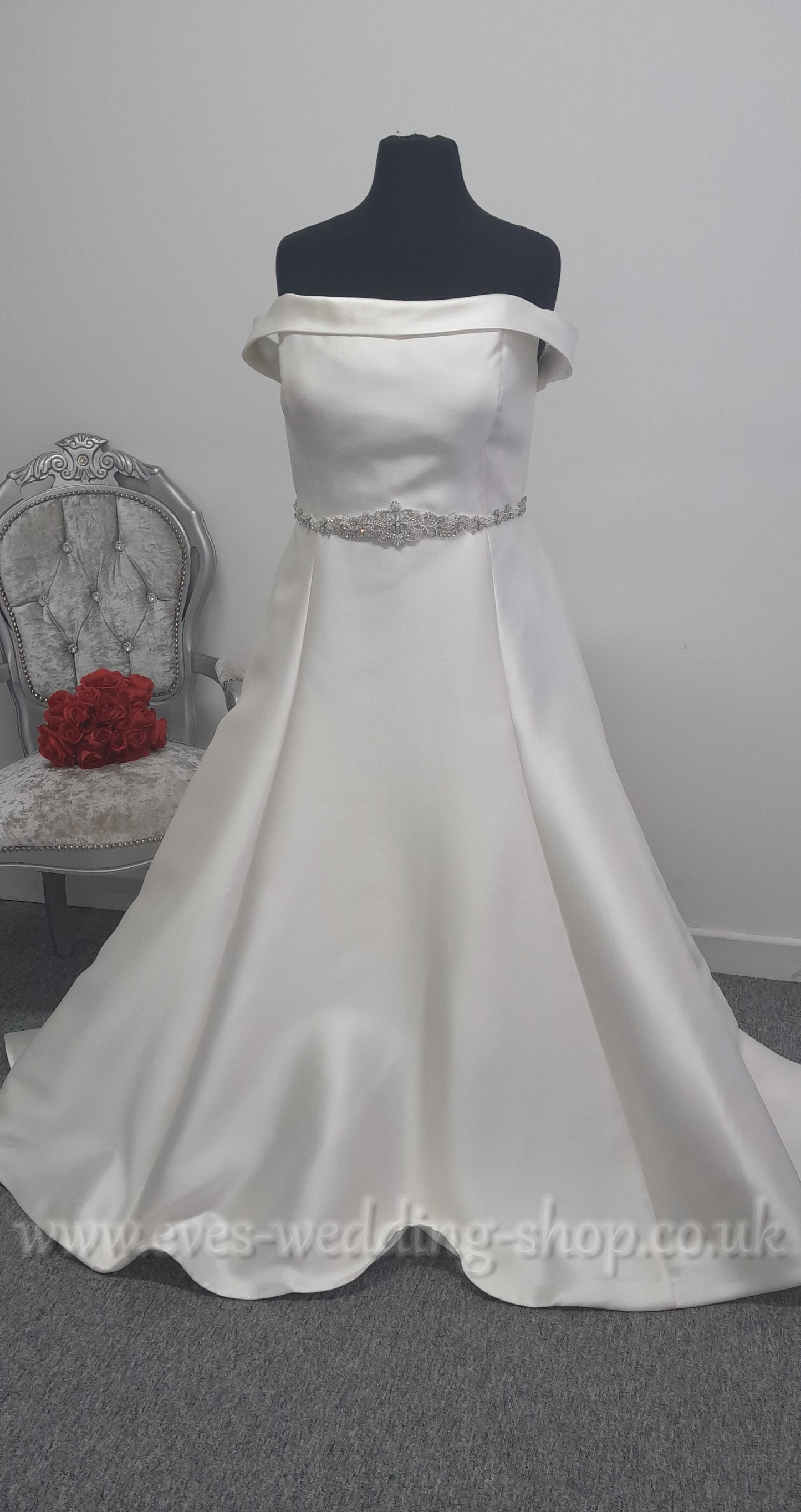 Mikado satin off the shoulder wedding dress UK 26