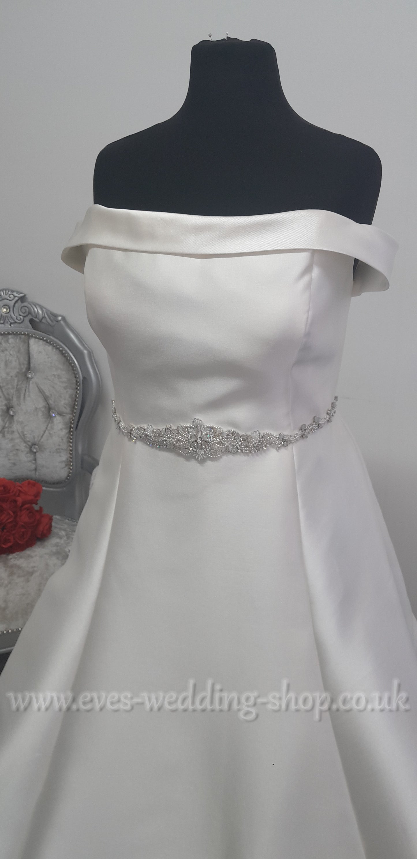 Mikado satin off the shoulder wedding dress UK 26