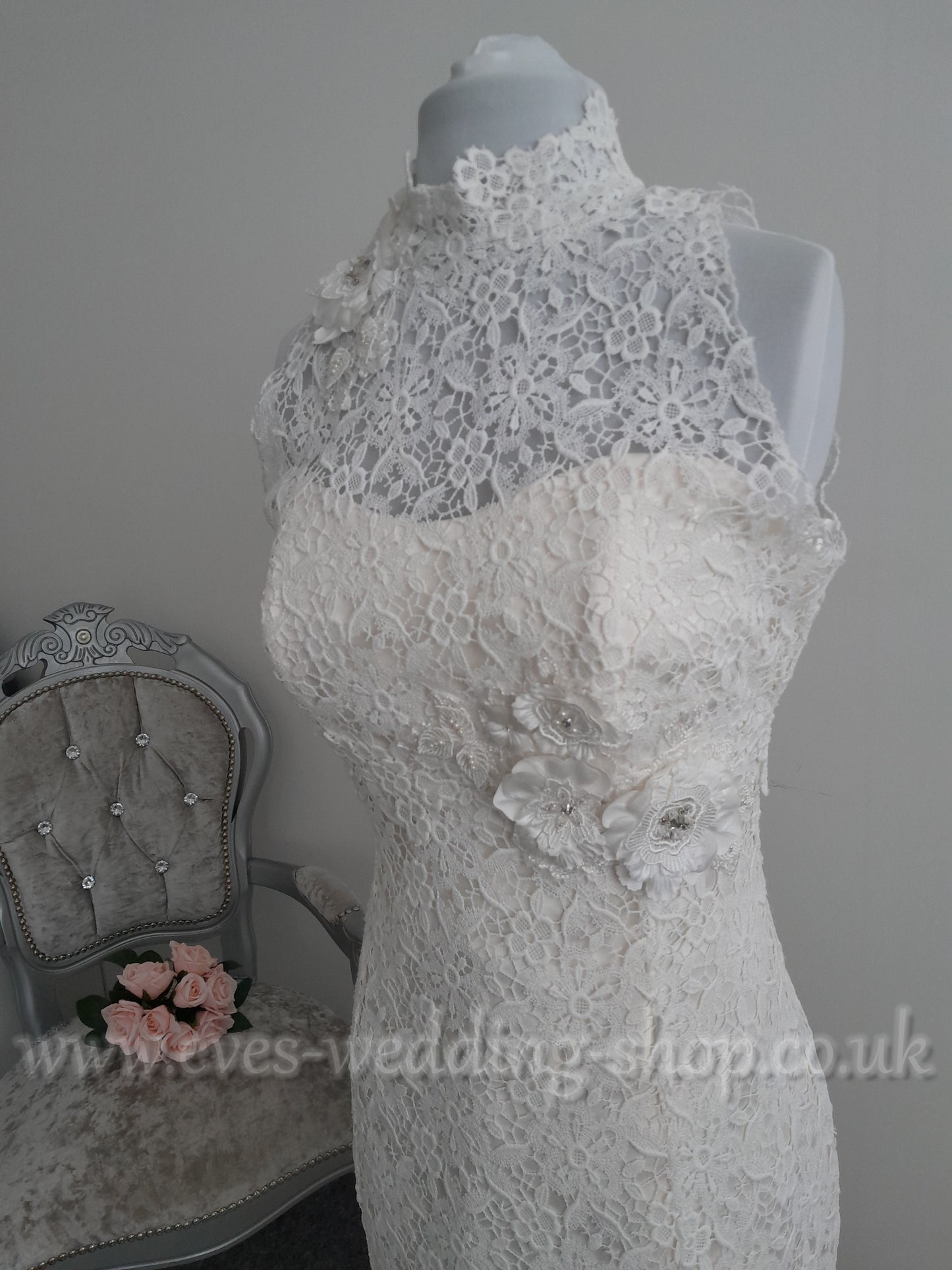 Beautiful high neck Nicola Anne crochet lace wedding dress UK 14