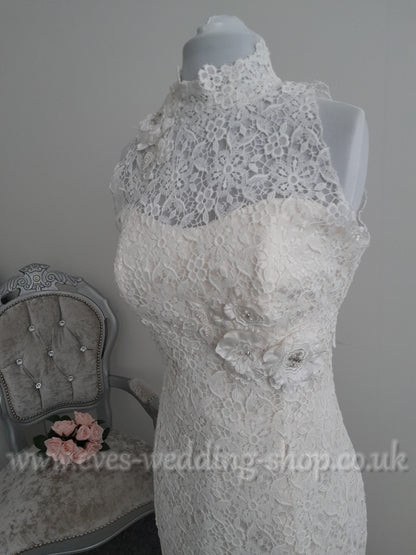 Beautiful high neck Nicola Anne crochet lace wedding dress UK 14