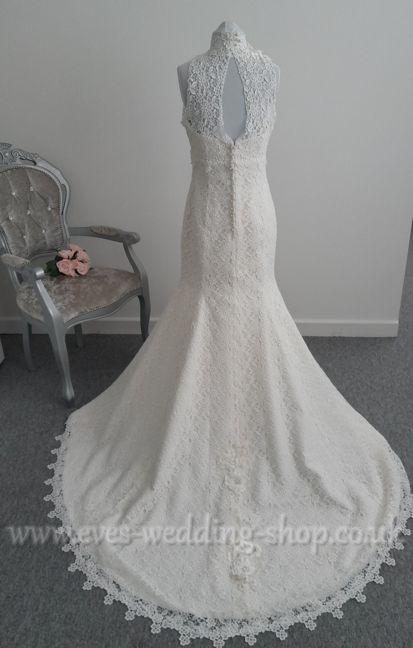 Beautiful high neck Nicola Anne crochet lace wedding dress UK 14