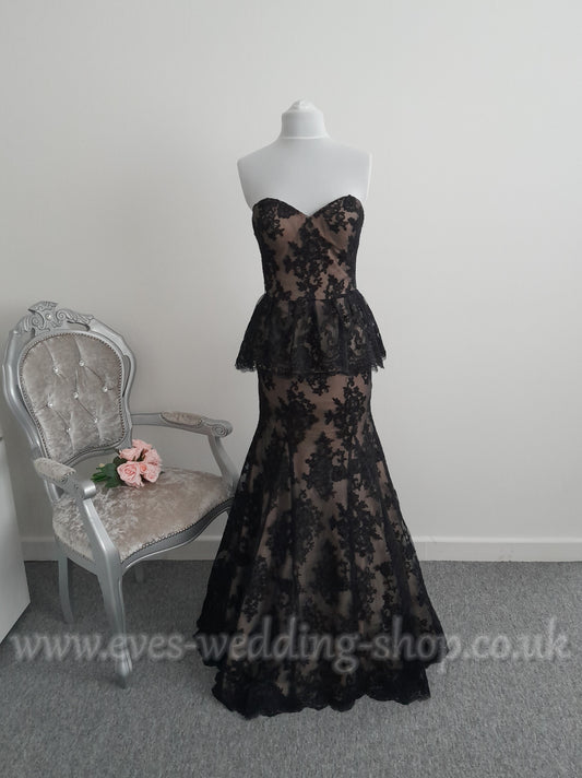 VM black/ champagne peplum lace wedding / prom dress UK 6
